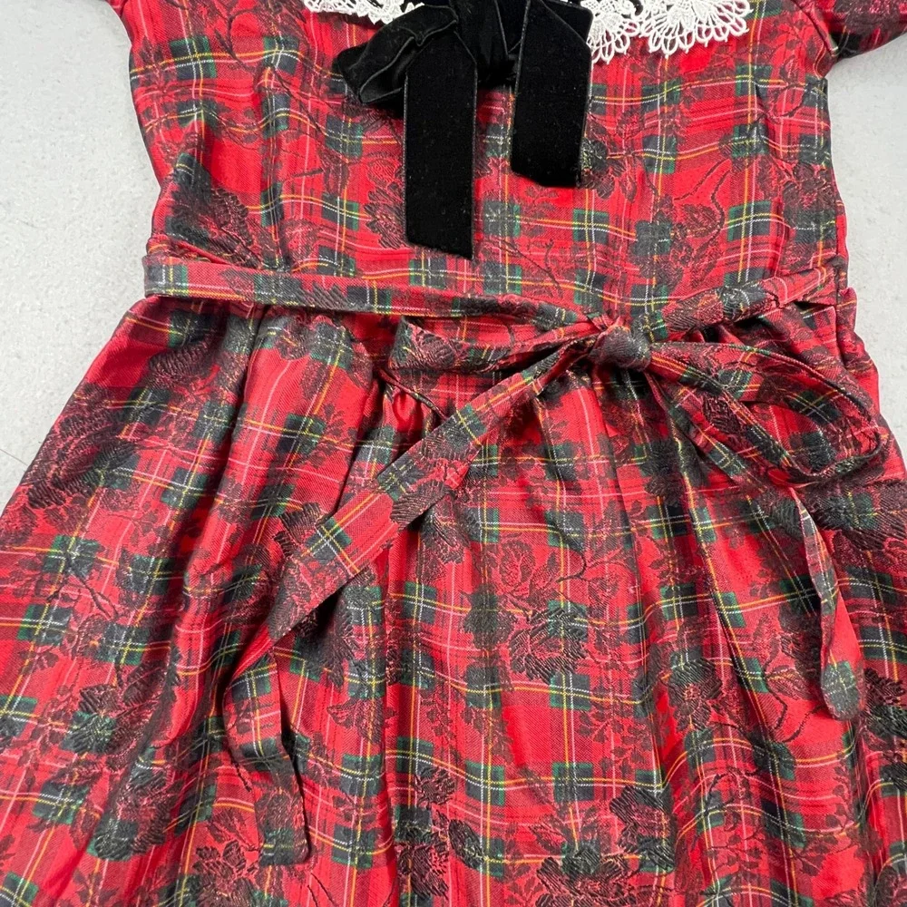 Polly Flinders Plaid Dress Girls 14 Red Velvet Lace Holiday Christmas Vintage